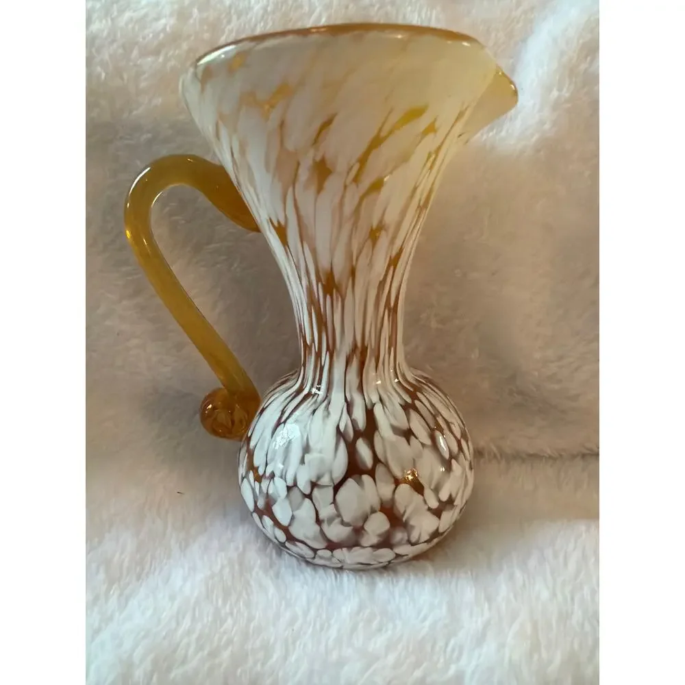 Vintage Amber White Spatter Cased Art Glass Pitcher Vase Applied Handle 5